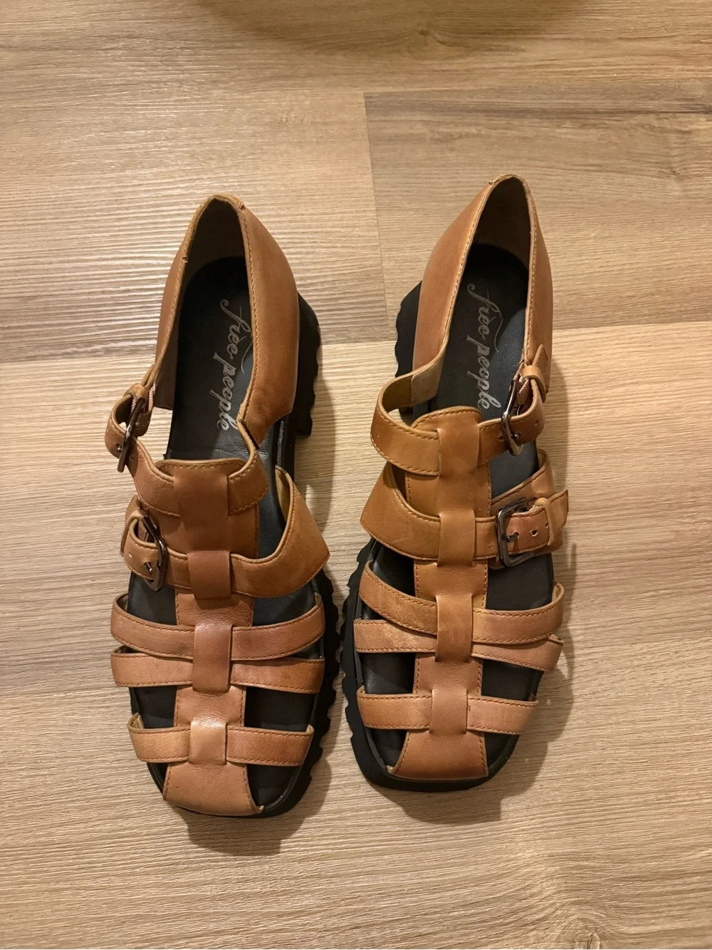 Free People Cognac Leather Buckle Fisherman Sandals